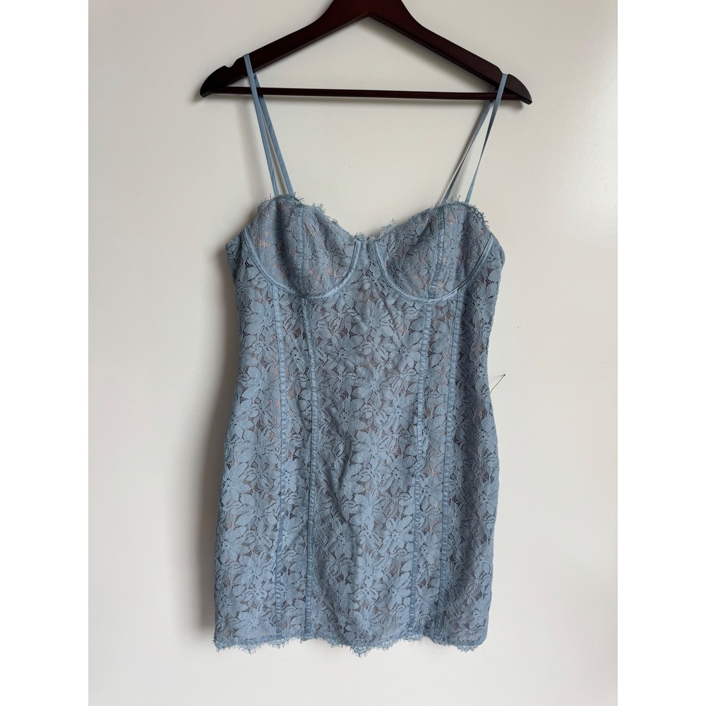 Lulus Dusty Blue Lace Bustier Mini Dress Bodycon Romantic Eyelash event Medium